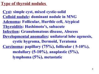 Type of thyroid nodules  Cyst : simple cyst, mixed cystic-solid  Colloid nudule : dominant nodule in MNG Adenoma : Follicular, Hurthle cell, Atypical  Thyroiditis : Hashimoto’s, subacute  Infection : Granulomatous disease, Abscess  Developmental anomalies : unilateral lobe agenesis,  cystic hygroma, Dermoid, Teratoma Carcinoma : papillary  ( 75 %),  follicular (  5-10 %),  medullary  ( 5-10 %) ,  anaplastic  ( 5 %), lymphoma  ( 5 %),  metastatic  