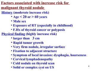 Factors associated with increase risk for  malignant thyroid nodule  History  (moderate increase risk) Age  <  20  or  >  60  years Male sex Exposure of RT (especially in childhood) F.Hx of thyroid cancer or polyposis   Physical finding  (highly increase risk) larger than   3  cm Rapid tumor growth  Very firm nodule, irregular surface Fixation to adjacent structure Symptom of local invasion: dysphagia, hoarseness  Cervical lymphadenopathy Cold nodule on thyroid scan Solid or complex cyst on US  