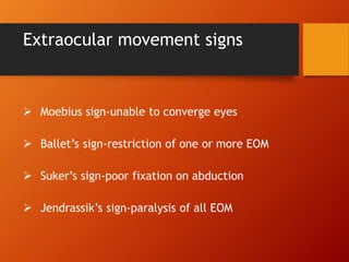 Extraocular movement signs
 Moebius sign-unable to converge eyes
 Ballet’s sign-restriction of one or more EOM
 Suker’s sign-poor fixation on abduction
 Jendrassik’s sign-paralysis of all EOM
 