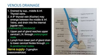 VENOUS DRAINAGE
1. Drained by sup., middle & inf.
Thyroid veins.
2. A 4th thyroid vein (Kocher) may
emerge between the middle & Inf.
Veins, and drain into the internal
jugular vein.
LYMPHATIC DRAINAGE
1. Upper part of gland reaches upper
cervical L.N. through prelaryngeal
node.
2. Lymph from lower part of gland drain
to lower cervical Nodes through pre
& paratracheal nodes.
Nerve supply- 3 ganglion
(vasoconstrictor)
 