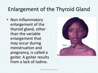 Enlargement of the Thyroid Gland
• Non-inflammatory
enlargement of the
thyroid gland, other
than the variable
enlargement that
may occur during
menstruation and
pregnancy, is called a
goiter. A goiter results
from a lack of iodine.
DR NDAYISABA CORNEILLE
 