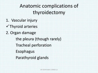 Anatomic complications of
thyroidectomy
1. Vascular injury
Thyroid arteries
2. Organ damage
the pleura (though rarely)
Tracheal perforation
Esophagus
Parathyroid glands
DR NDAYISABA CORNEILLE
 