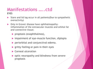 Manifestations …..ctd
EYES
 Stare and lid lag occur in all patients(Due to sympathetic
overactivity)
 Only in Graves' disease have ophthalmopathy-
inflammation of the extraocular muscles and orbital fat
and connective tissue;
 proptosis (exophthalmos),
 impairment of eye-muscle function, diplopia
 periorbital and conjunctival edema.
 gritty feeling or pain in their eyes
 Corneal ulceration
 optic neuropathy and blindness from severe
proptosis
 