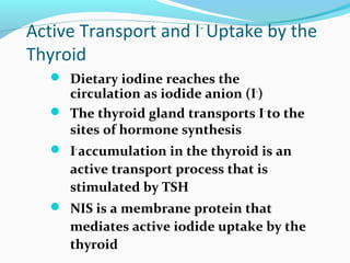 Active Transport and I-
Uptake by the
Thyroid
 Dietary iodine reaches the
circulation as iodide anion (I-
)
 The thyroid gland transports I-
to the
sites of hormone synthesis
 I-
accumulation in the thyroid is an
active transport process that is
stimulated by TSH
 NIS is a membrane protein that
mediates active iodide uptake by the
thyroid
 