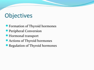 Objectives
Formation of Thyroid hormones
Peripheral Conversion
Hormonal transport
Actions of Thyroid hormones
Regulation of Thyroid hormones
 