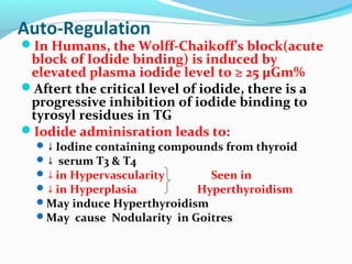 Auto-Regulation
In Humans, the Wolff-Chaikoff’s block(acute
block of Iodide binding) is induced by
elevated plasma iodide level to ≥ 25 μGm%
Aftert the critical level of iodide, there is a
progressive inhibition of iodide binding to
tyrosyl residues in TG
Iodide adminisration leads to:
↓Iodine containing compounds from thyroid
↓ serum T3 & T4
↓in Hypervascularity Seen in
↓in Hyperplasia Hyperthyroidism
May induce Hyperthyroidism
May cause Nodularity in Goitres
 