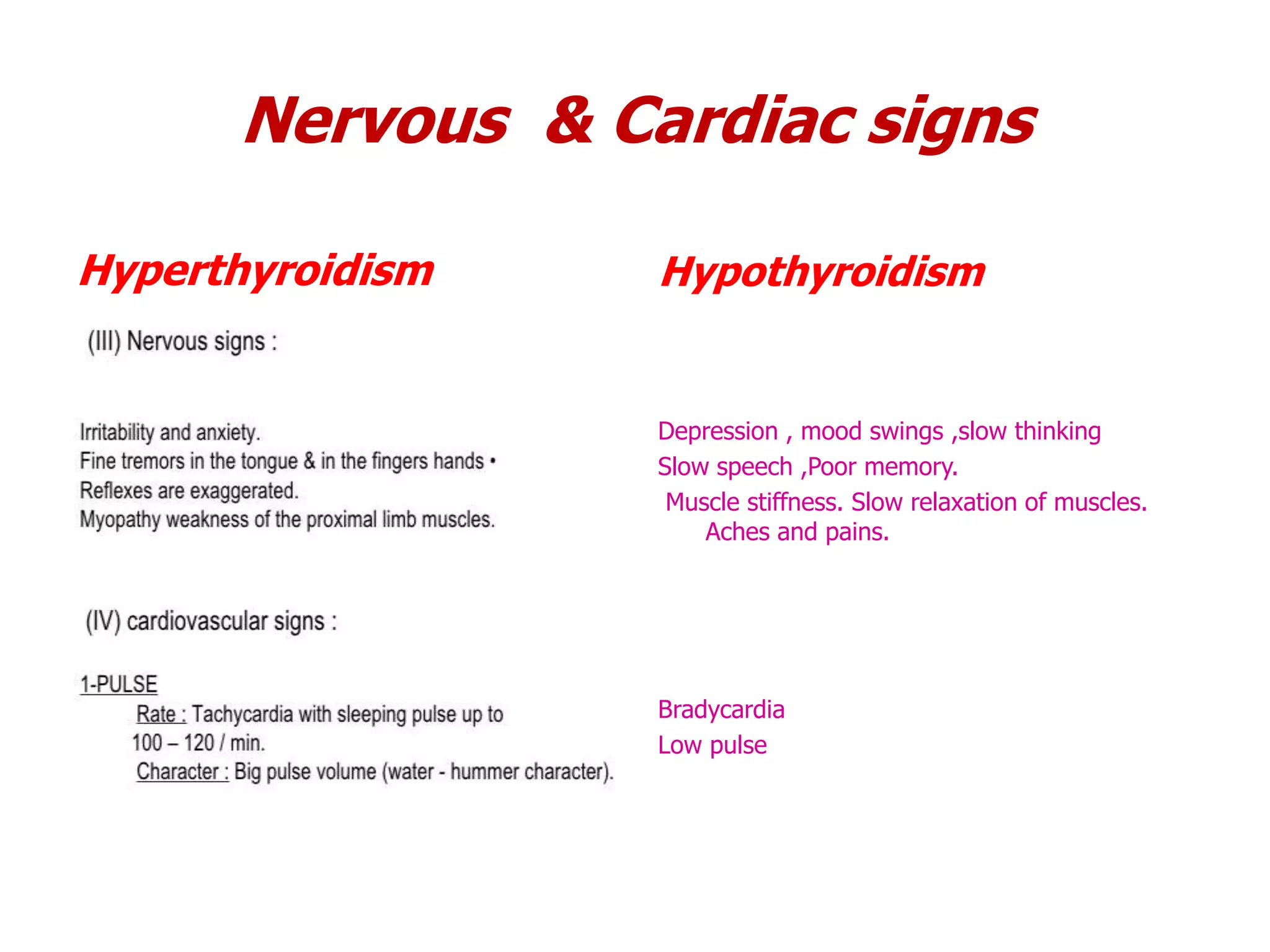 Nervous & Cardiac signs
Hyperthyroidism Hypothyroidism
Depression , mood swings ,slow thinking
Slow speech ,Poor memory.
Muscle stiffness. Slow relaxation of muscles.
Aches and pains.
Bradycardia
Low pulse
 