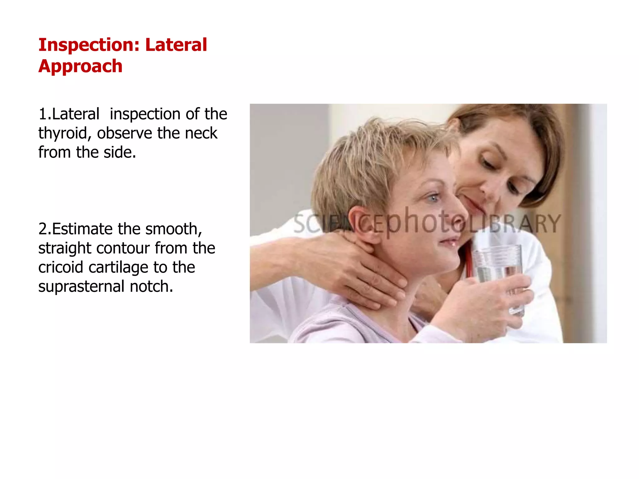 Inspection: Lateral
Approach
1.Lateral inspection of the
thyroid, observe the neck
from the side.
2.Estimate the smooth,
straight contour from the
cricoid cartilage to the
suprasternal notch.
 