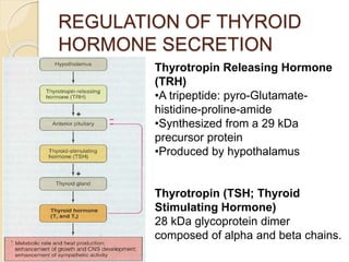 REGULATION OF THYROID
HORMONE SECRETION
Thyrotropin Releasing Hormone
(TRH)
•A tripeptide: pyro-Glutamate-
histidine-proli...