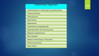 Differential Diagnosis
· Anticholinergic or Adrenergic Drug Intoxication
· Anxiety Disorders
· CNS Infections
· Heart Failure
· Hypertension
· Hypertensive Encephalopathy
· Hyperthyroidism and Thyrotoxicosis
· Malignant Hyperthermia
· Panic Disorder
· Pediatric Atrial Ectopic Tachycardia
· Pheochromocytoma
· Septic Shock
29
 