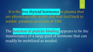 It is the free thyroid hormones in plasma that
are physiologically active and that feed back to
inhibit pituitary secretion of TSH.
The function of protein-binding appears to be the
maintenance of a large pool of hormone that can
readily be mobilized as needed.
6
 