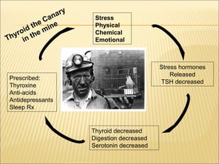 Stress
Physical
Chemical
Emotional
Stress hormones
Released
TSH decreased
Thyroid decreased
Digestion decreased
Serotonin decreased
Prescribed:
Thyroxine
Anti-acids
Antidepressants
Sleep Rx
Thyroid the Canary
in the mine
 