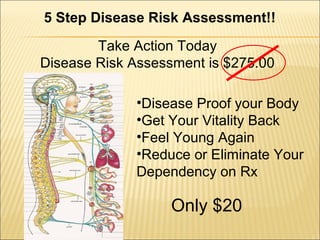 Take Action Today
Disease Risk Assessment is $275.00
5 Step Disease Risk Assessment!!
•Disease Proof your Body
•Get Your Vitality Back
•Feel Young Again
•Reduce or Eliminate Your
Dependency on Rx
Only $20
 