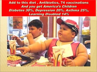 Add to this diet , Antibiotics, 74 vaccinationsAdd to this diet , Antibiotics, 74 vaccinations
And you get America’s ChildrenAnd you get America’s Children
Diabetes 30%, Depression 20%, Asthma 25%,Diabetes 30%, Depression 20%, Asthma 25%,
Learning Disabled 14%Learning Disabled 14%
Add to this diet , Antibiotics, 74 vaccinationsAdd to this diet , Antibiotics, 74 vaccinations
And you get America’s ChildrenAnd you get America’s Children
Diabetes 30%, Depression 20%, Asthma 25%,Diabetes 30%, Depression 20%, Asthma 25%,
Learning Disabled 14%Learning Disabled 14%
 