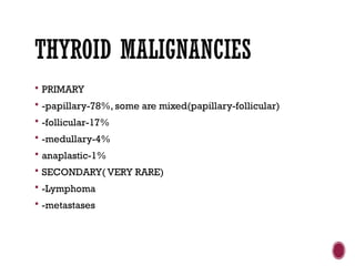 THYROID MALIGNANCIES
 PRIMARY
 -papillary-78%, some are mixed(papillary-follicular)
 -follicular-17%
 -medullary-4%
 anaplastic-1%
 SECONDARY( VERY RARE)
 -Lymphoma
 -metastases
 