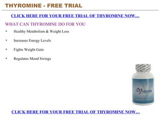 THYROMINE - FREE TRIAL   CLICK HERE FOR YOUR FREE TRIAL OF THYROMINE NOW… CLICK HERE FOR YOUR FREE TRIAL OF THYROMINE NOW… WHAT CAN THYROMINE DO FOR YOU ,[object Object],[object Object],[object Object],[object Object]