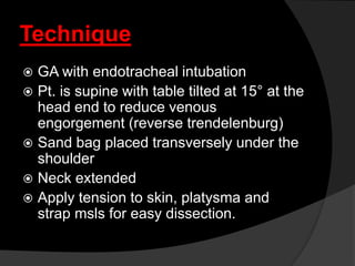 Technique
 GA with endotracheal intubation
 Pt. is supine with table tilted at 15° at the
head end to reduce venous
engorgement (reverse trendelenburg)
 Sand bag placed transversely under the
shoulder
 Neck extended
 Apply tension to skin, platysma and
strap msls for easy dissection.
 
