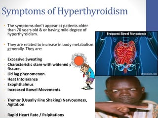 Symptoms of Hyperthyroidism
• The symptoms don’t appear at patients older
than 70 years old & or having mild degree of
hyperthyroidism.
• They are related to increase in body metabolism
generally. They are:
- Excessive Sweating
- Characteristic stare with widened palpebral
fissure.
- Lid lag phenomenon.
- Heat Intolerance
- Exophthalmus
- Increased Bowel Movements
- Tremor (Usually Fine Shaking) Nervousness,
Agitation
- Rapid Heart Rate / Palpitations
 