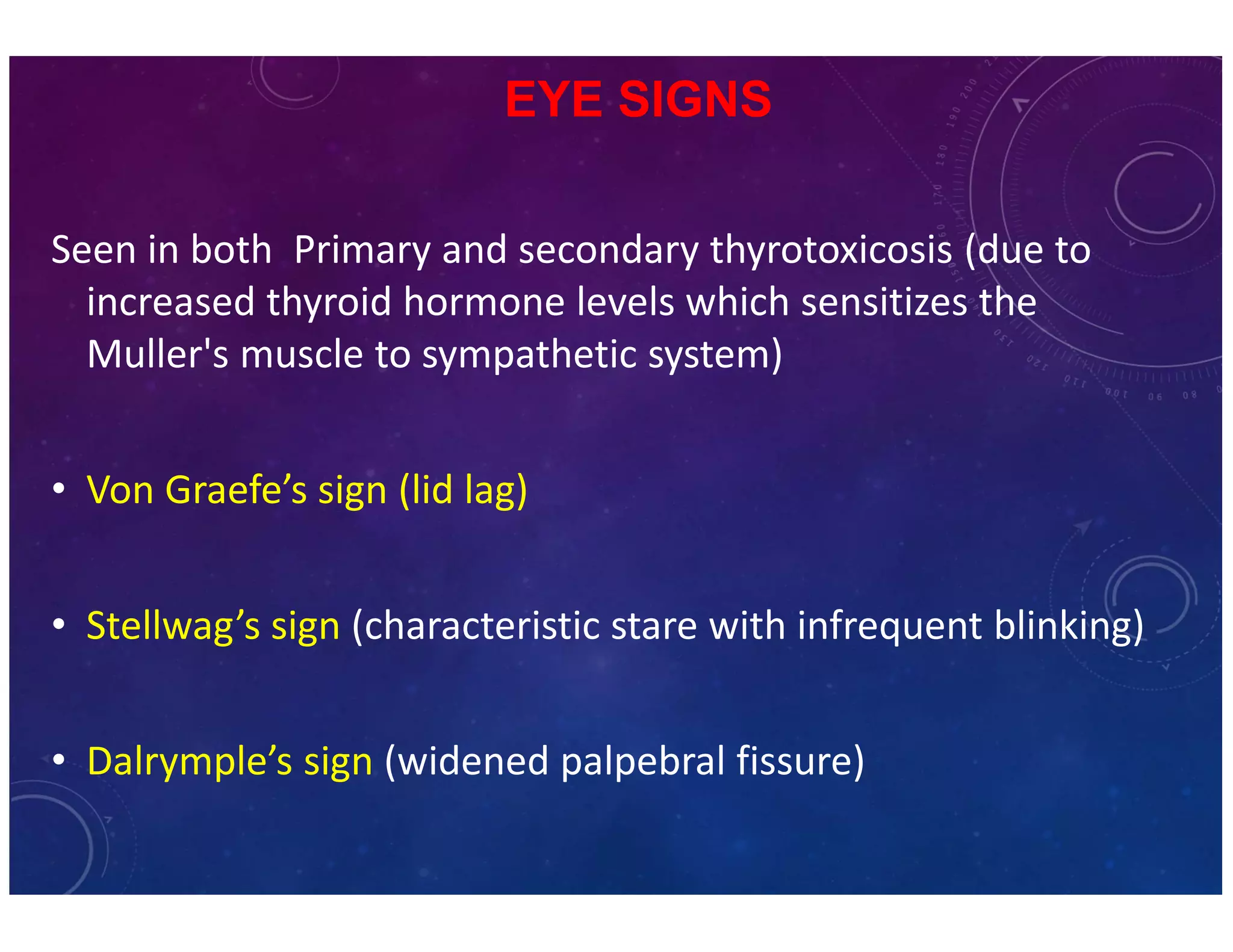 EYE SIGNS 
Seen in both Primary and secondary thyrotoxicosis (due to 
increased thyroid hormone levels which sensitizes the 
Muller's muscle to sympathetic system) 
• Von Graefe’s sign (lid lag) 
• Stellwag’s sign (characteristic stare with infrequent blinking) 
• Dalrymple’s sign (widened palpebral fissure) 
 