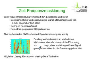 Zeit-Frequenzmaskierung verbessert ICA-Ergebnisse und bietet    Durchschnittliche Verbesserung des Signal-Störverhältnisses von  3.4dB gegenüber ICA allein     Geringen Rechenaufwand    Robustheit gegenüber Störgeräuschen Aber verbessertes SNR verbessert Spracherkennung nur wenig    Das liegt wahrscheinlich an veränderten    Merkmalen, aber die menschliche Erkennung    von  zeigt, dass auch im gestörten Signal    genug Information für die Erkennung präsent ist. Mögliche Lösung: Einsatz von Missing-Data Techniken Zeit-Frequenzmaskierung 