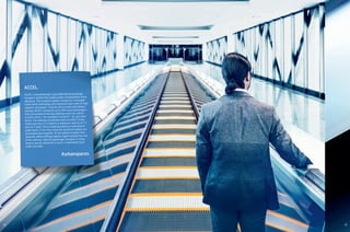 18 19
ACCEL.
ACCEL is thyssenkrupp’s groundbreaking passenger
transport system that makes public transportation more
attractive. The transport system is based on Transrapid
linear motor technology and impresses users with its high
capacity and speed – even for short routes and without
waiting. ACCEL transports up to 30% more passengers
than conventional moving walkways and can reduce
transfer times – for example in airports – by up to two-
thirds. The walkway accelerates from an initial 2.5 kilo­
meters per hour (1.5 mph) to a maximum velocity of 7.2
kmh (4.2 mph). This is made possible by a new kind of
pallet band. In the entry area the aluminum pallets are
positioned close together. As the speed increases they
separate, before shifting together again towards the end
of the walkway. Ideal for passenger transport in cities,
airports and for distances of up to 1.5 kilometers (just
under one mile).
#urbanspaces
 