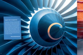 26 27
Supply chain management.
Like a giant puzzle, a Boeing 747 is constructed of millions
of individual parts. Each stage of the production process
flows into the next. Since 1998 thyssenkrupp has exclu­
sively organized the entire supply chain for the materials
aluminum and titanium. In the field of aircraft construction
the contract with Boeing is one of the most comprehen­
sive of its kind worldwide. As a multinational system inte­
grator we are responsible for the entire supply chain,
reducing complexity and centrally coordinating material
deliveries. Component suppliers to Boeing from all over
the world – altogether over 500 companies – contact
thyssenkrupp directly when they need metals. The mate­
rial is then cut, packaged, and shipped to precisely meet
each supplier’s needs. Here thyssenkrupp follows the motto
“cut to size, just in time.” With over 40 service centers in
19 countries, thyssenkrupp’s aerospace division is present
on five different continents.
#futureofproduction
 
