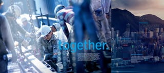 #urbanspaces
We live in the century of megacities. In just a few years two-thirds of
the global population is expected to live in cities. The need for efficient,
intelligent, and sustainable transportation solutions is constantly
growing. This is a tremendous challenge for society but also a great
opportunity that we are already taking advantage of.
Page 14: MULTI
Page 18: ACCEL
Page 34: Cement production facilities
Page 38: MAX
#smartenergy
At thyssenkrupp we are intensively researching new ways of obtaining
and storing energy from alternative sources. We develop and realize
energy-efficient concepts in all areas of life – worldwide.
Page 24: Smart storage
#artofengineering
... means developing solutions. Our engineers see themselves as innovators,
developing important technological innovations today for the challenges of
tomorrow. Innovations that are visionary, reliable, and efficient.
Page 12: Slewing bearings in ocean liners
Page 22: InCar®
plus
Page 30: Fully mobile crushers
Page 32: Steer-by-wire
We share our knowledge, combining and leveraging it to create
innovations – beyond the borders of individual companies,
industries, and nations. Our enterprises profit from cooperation
and collabo­ration across different divisions and departments.
“together” is a promise to our clients, our partners, and each
other. We trust and are trustworthy, working as a team, learning
from one another and developing collectively. Because the
greatest goals can only be achieved together.
 