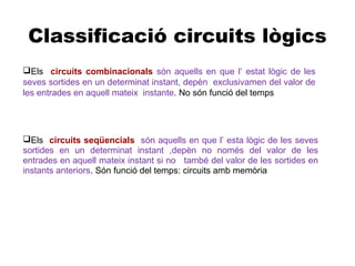 Classificació circuits lògics
Els circuits combinacionals són aquells en que l’ estat lògic de les
seves sortides en un determinat instant, depèn exclusivamen del valor de
les entrades en aquell mateix instante. No són funció del temps




Els circuits seqüencials són aquells en que l’ esta lògic de les seves
sortides en un determinat instant ,depèn no només del valor de les
entrades en aquell mateix instant si no també del valor de les sortides en
instants anteriors. Són funció del temps: circuits amb memòria
 