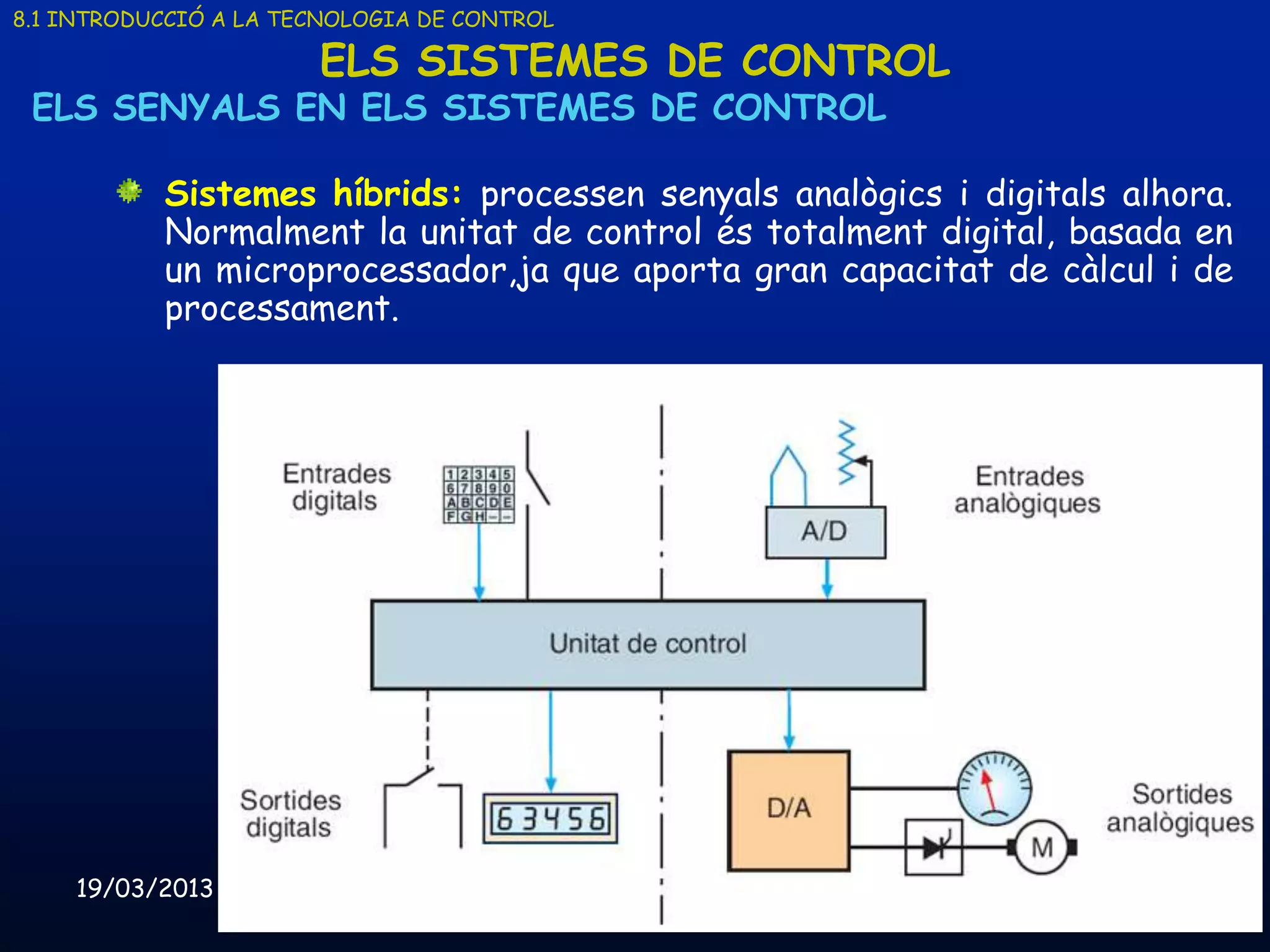 8.1 INTRODUCCIÓ A LA TECNOLOGIA DE CONTROL

                       ELS SISTEMES DE CONTROL
 ELS SENYALS EN ELS SISTEMES DE CONTROL

           Sistemes híbrids: processen senyals analògics i digitals alhora.
           Normalment la unitat de control és totalment digital, basada en
           un microprocessador,ja que aporta gran capacitat de càlcul i de
           processament.




    19/03/2013                     Unitat 8. Sistemes automàtics i de control   14
 