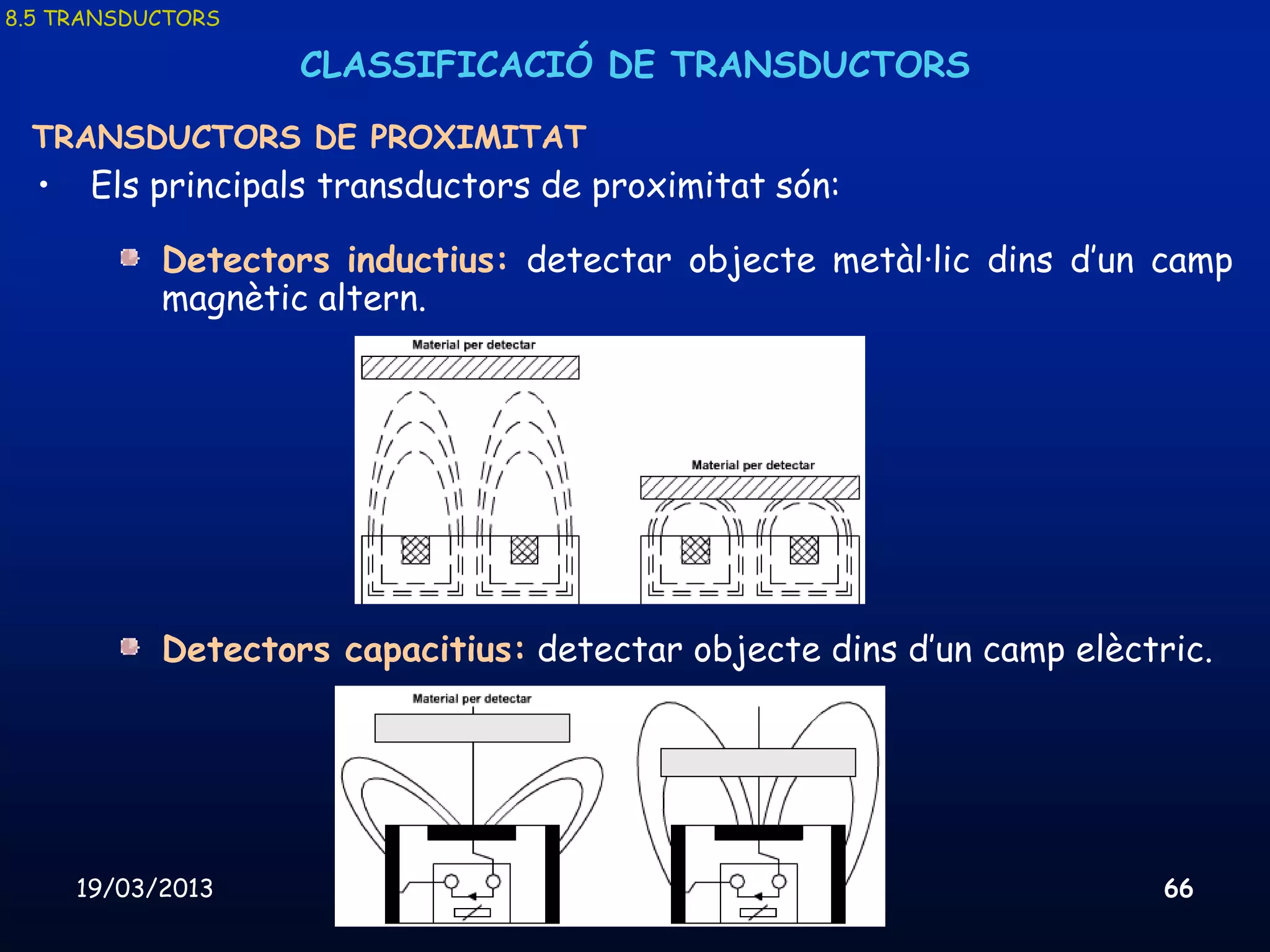 8.5 TRANSDUCTORS

                    CLASSIFICACIÓ DE TRANSDUCTORS

 TRANSDUCTORS DE PROXIMITAT
  •    Els principals transductors de proximitat són:

            Detectors inductius: detectar objecte metàl·lic dins d’un camp
            magnètic altern.




            Detectors capacitius: detectar objecte dins d’un camp elèctric.




      19/03/2013              Unitat 8. Sistemes automàtics i de control   66
 