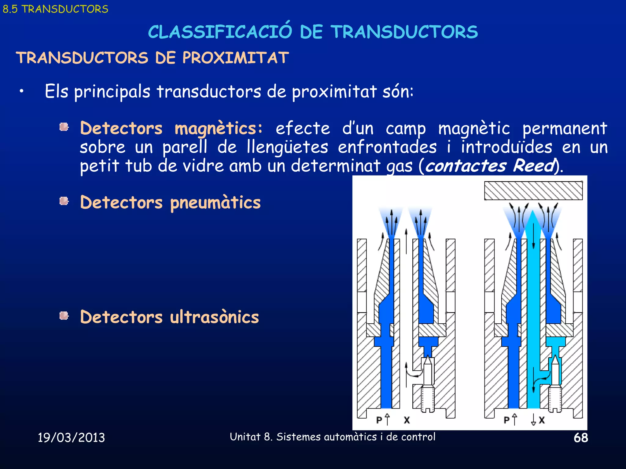8.5 TRANSDUCTORS

                   CLASSIFICACIÓ DE TRANSDUCTORS
 TRANSDUCTORS DE PROXIMITAT

  •    Els principals transductors de proximitat són:

            Detectors magnètics: efecte d’un camp magnètic permanent
            sobre un parell de llengüetes enfrontades i introduïdes en un
            petit tub de vidre amb un determinat gas (contactes Reed).

            Detectors pneumàtics




            Detectors ultrasònics




      19/03/2013              Unitat 8. Sistemes automàtics i de control   68
 