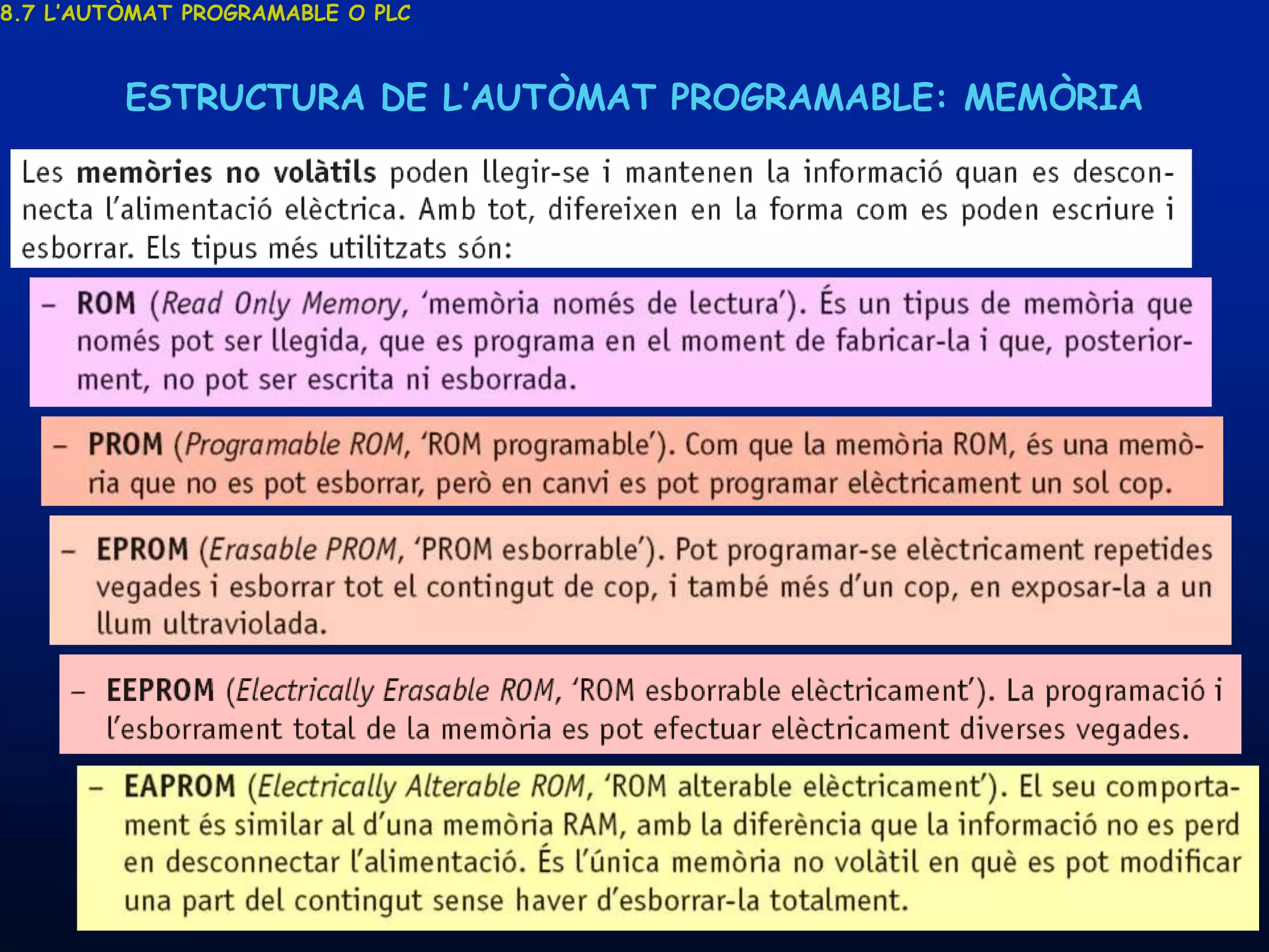 8.7 L’AUTÒMAT PROGRAMABLE O PLC



         ESTRUCTURA DE L’AUTÒMAT PROGRAMABLE: MEMÒRIA




     19/03/2013                   Unitat 8. Sistemes automàtics i de control   85
 