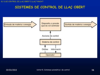 8.2 S.DE CONTROL DE LLAÇ OBERT I LLAÇ TANCAT


              SISTEMES DE CONTROL DE LLAÇ OBERT




     19/03/2013                      Unitat 8. Sistemes automàtics i de control   16
 