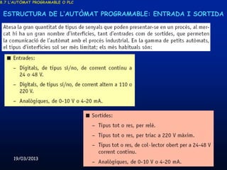 8.7 L’AUTÒMAT PROGRAMABLE O PLC


 ESTRUCTURA DE L’AUTÒMAT PROGRAMABLE: ENTRADA I SORTIDA




     19/03/2013                   Unitat 8. Sistemes automàtics i de control   88
 