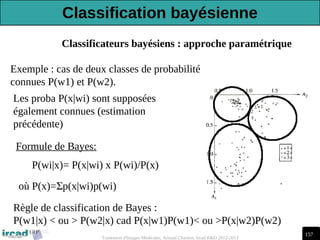 157
Traitement d'Images Médicales, Arnaud Charnoz, Ircad R&D 2012-2013
Classificateurs bayésiens : approche paramétrique
Exemple : cas de deux classes de probabilité
connues P(w1) et P(w2).
Les proba P(x|wi) sont supposées
également connues (estimation
précédente)
Formule de Bayes:
P(wi|x)= P(x|wi) x P(wi)/P(x)
où P(x)=Σp(x|wi)p(wi)
Règle de classification de Bayes :
P(w1|x) < ou > P(w2|x) cad P(x|w1)P(w1)< ou >P(x|w2)P(w2)
Classification bayésienne
 