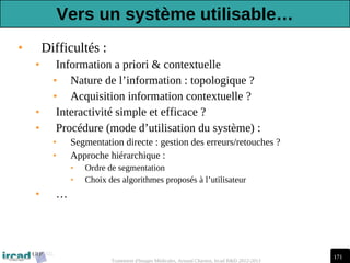 171
Traitement d'Images Médicales, Arnaud Charnoz, Ircad R&D 2012-2013
• Difficultés :
• Information a priori & contextuelle
• Nature de l’information : topologique ?
• Acquisition information contextuelle ?
• Interactivité simple et efficace ?
• Procédure (mode d’utilisation du système) :
• Segmentation directe : gestion des erreurs/retouches ?
• Approche hiérarchique :
• Ordre de segmentation
• Choix des algorithmes proposés à l’utilisateur
• …
Vers un système utilisable…
 