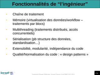 174
Traitement d'Images Médicales, Arnaud Charnoz, Ircad R&D 2012-2013
• Chaîne de traitement
• Mémoire (virtualisation des données/workflow –
traitements par blocs)
• Multithreading (traitements distribués, accès
concurrentiels)
• Sérialisation (pb structure des données,
standardisation…)
• Extensibilité, modularité, indépendance du code
• Qualité/Normalisation du code : « design patterns »
Fonctionnalités de “l’ingénieur”
 