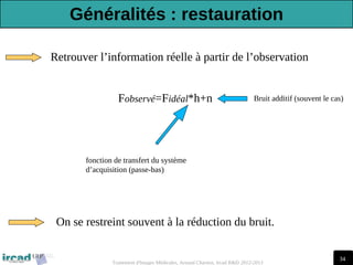 34
Traitement d'Images Médicales, Arnaud Charnoz, Ircad R&D 2012-2013
Fobservé=Fidéal*h+n
fonction de transfert du système
d’acquisition (passe-bas)
Bruit additif (souvent le cas)
On se restreint souvent à la réduction du bruit.
Retrouver l’information réelle à partir de l’observation
Généralités : restauration
 
