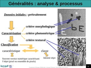 41
Traitement d'Images Médicales, Arnaud Charnoz, Ircad R&D 2012-2013
Données initiales : prétraitement
Caractérisation
Classification
critère morphologique
critère photométrique
critère textural
caractéristique classe
Souvent vecteur numérique caractérisant
l’objet (pixel ou ensemble de pixels)
Identité objet
Généralités : analyse & processus
 