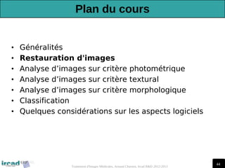 44
Traitement d'Images Médicales, Arnaud Charnoz, Ircad R&D 2012-2013
Plan du cours
• Généralités
• Restauration d'images
• Analyse d’images sur critère photométrique
• Analyse d’images sur critère textural
• Analyse d’images sur critère morphologique
• Classification
• Quelques considérations sur les aspects logiciels
 