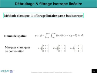 51
Traitement d'Images Médicales, Arnaud Charnoz, Ircad R&D 2012-2013
Méthode classique 1 : filtrage linéaire passe-bas isotrope
Domaine spatial
Masques classiques
de convolution
Débruitage & filtrage isotrope linéaire
 