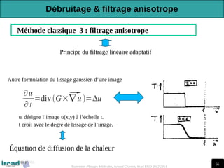 56
Traitement d'Images Médicales, Arnaud Charnoz, Ircad R&D 2012-2013
Méthode classique 3 : filtrage anisotrope
Principe du filtrage linéaire adaptatif
∂u
∂t
=div G×
∇ u =Δu
Autre formulation du lissage gaussien d’une image
ut désigne l’image u(x,y) à l’échelle t.
t croît avec le degré de lissage de l’image.
Équation de diffusion de la chaleur
Débruitage & filtrage anisotrope
 