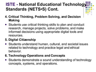 ISTE -  National Educational Technology Standards (NETS•S) Cont. 4. Critical Thinking, Problem Solving, and Decision Making Students use critical thinking skills to plan and conduct research, manage projects, solve problems, and make informed decisions using appropriate digital tools and resources.  5. Digital Citizenship Students understand human, cultural, and societal issues related to technology and practice legal and ethical behavior.  6. Technology Operations and Concepts Students demonstrate a sound understanding of technology concepts, systems, and operations.  