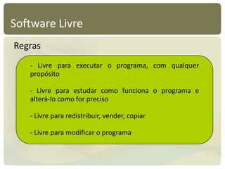 Software Livre
Regras
- Livre para executar o programa, com qualquer
propósito
- Livre para estudar como funciona o programa e
alterá-lo como for preciso
- Livre para redistribuir, vender, copiar
- Livre para modificar o programa
 