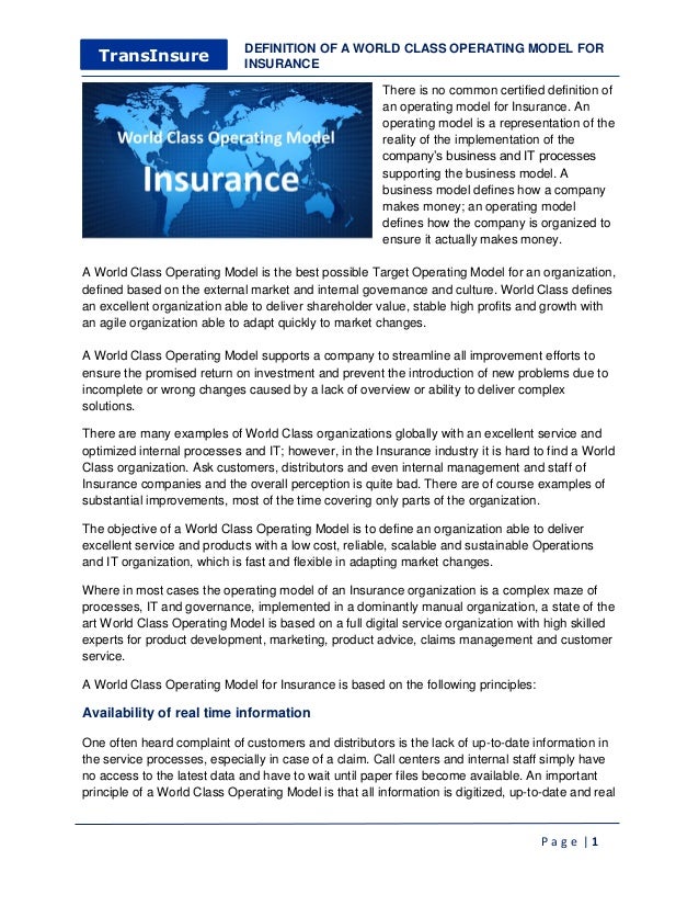 Definition Of A World Class Operating Model For Insurance Definition Of A World Class Operating Model For Insurance