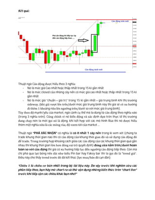 Kết quả:
Thuật ngữ Cản động được hiểu theo 3 nghĩa:
- Nó là mức giá Cao nhất hoặc thấp nhất trong 15 kì gần nhất
- Nó là mức closed của những cây nến có mức giá cao nhất hoặc thấp nhất trong 15 kì
gần nhất
- Nó là mức giá “chuẩn – giá trị” trong 15 kì gần nhất – giá trung bình khi thị trường
sideway. (khi giá vượt lên trên/dưới mức giá trung bình này thì giá sẽ có xu hướng
đi thêm 1 khoảng nữa lên ngưỡng trên/dưới so với mức giá trung bình).
Tùy theo độ mạnh/yếu của market, ngữ cảnh cụ thể mà ta dùng từ cản động theo nghĩa nào
(trong 3 nghĩa trên). Cũng chính vì nó biến động và xác định dựa trên thực tế thị trường
đang chạy nên ta mới gọi nó là động, khi kết hợp với các mô hình Rùa thì nó được hiểu
thêm một nghĩa nữa là các móng rùa, độ vươn tới của market ...
Thuật ngữ “PHÁ XÁC NHẬN” có nghĩa là có ít nhất 1 cây nến trong kì xem xét (chúng ta
trade khung thời gian nào thì có cản động của khung thời gian đó và sử dụng cản động đó
để trade. Trong trường hợp khoảng cách giữa các cản động của các khung thời gian quá gần
nhau thì khung thời gian lớn hơn đóng vai trò quyết định) đóng cửa nằm trên/dưới hoàn
toàn so với cản động thì giá có xu hướng tiếp tục đến ngưỡng cản động tiếp theo. Còn mà
chỉ phá qua tạo bóng nến dài như kiểu Pin bar hay Fakey bar thì ta gọi đó là “trend giả”.
Điều này cho thấy trend trước đó đã kết thúc (lực mua/bán đã cạn dần).
“Chiêu 1 là chiêu cơ bản nhất trong bộ tài liệu này. Do vậy trước khi nghiên cứu các
phần tiếp theo, bạn hãy mở chart ra và thử vận dụng những kiến thức trên “chart live”
trước khi tiếp cận các chiêu khác bạn nhé!”
 