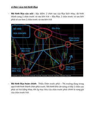 6 thức của mô hình Rùa
- Mô hình Rùa săn mồi : Đặc điểm: 2 chân sau của Rùa lệch nhau, đã hình
thành xong 2 chân trước và sau bên trái + Đầu Rùa, 2 chân trước và sau bên
phải sẽ cao hơn 2 chân trước và sau bên trái
- Mô hình Rùa hoàn chỉnh: Thiếu Chân trước phải – Thị trường đang trong
quá trình hình thành chân phải trước. Mô hình khá cân xứng có đáy 2 chân sau
phải và trái bằng nhau, khi ấy mục tiêu của chân trước phải chính là vùng giá
của chân trước trái.
 