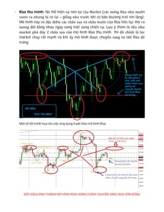 - Rùa thu mình: Nó thể hiện sự nén lại của Market (các móng Rùa như muốn
vươn ra nhưng bị co lại – giống như trước khi có bão thường trời nín lặng);
Mô hình này có đặc điểm các chân sau và chân trước của Rùa liên tục thò ra
tương đối bằng nhau ngay cùng một vùng chiến sự. Lưu ý thêm là nếu như
market phá đáy 2 chân sau của mô hình Rùa thu mình thì đó chính là lúc
market chạy rất mạnh và khi ấy mô hình được chuyển sang tư thế Rùa đẻ
trứng
Một số VD minh họa cho việc ứng dụng trade theo mô hình Rùa:
BẮT ĐẦU HÌNH THÀNH MÔ HÌNH RÙA HOÀN CHỈNH CHUYỂN SANG RÙA VỜN BÓNG
 