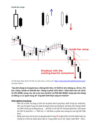 Inside bar setup:
Có thể tham khảo thêm chi tiết các kiến thức cơ bản trên: http://www.learntotradethemarket.com/
của Nial Fuller’s
“Sau khi chúng ta trang bị được những kiến thức CƠ BẢN về nến, kháng cự, hỗ trợ, Pin
bar, Fakey, Inside và Outside bar. Chúng ta phát triển thêm 1 khái niệm nữa đó chính
là CẢN ĐỘNG, móng rùa, độ co lại của martket và PHÁ XÁC NHẬN. Cung cấp cho chúng
ta những cơ sở quan trọng để “ứng biến linh hoạt cùng với market”
Kinh nghiệm ứng dụng:
- Nến rất cơ bản và cũng có thể nói nó phản ánh trung thực nhất trong các indicator,
nến cực kỳ quan trọng cho định hướng trend của chúng ta, nến báo cho chúng ta biết
các NĐT muốn gì và đang làm gì ..... để hiểu rõ về nến thì chúng ta phải học cách quan
sát nến từ quá khứ ==> hiện tại ==> để đoán ra phần nào tương lai của cây nến tiếp
theo ...
- Bằng cách xem xét lại lịch sử giá giao dịch trong 15 kì gần nhất với thời điểm hiện tại
chúng ta có thể xác định được đâu là “vùng chiến sự ác liệt” giữa 2 phe BUY – SELL.
 