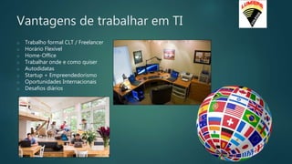 Vantagens de trabalhar em TI
o Trabalho formal CLT / Freelancer
o Horário Flexível
o Home-Office
o Trabalhar onde e como quiser
o Autodidatas
o Startup + Empreendedorismo
o Oportunidades Internacionais
o Desafios diários
 